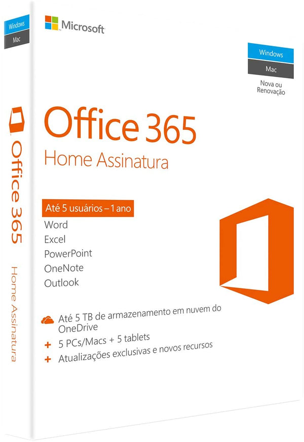 Office 365 Home 10 Dispositivos (5 PCs ou MACs + 5 ANDROIDS ou IOS) - 15 meses - Cartão Chave de Licença