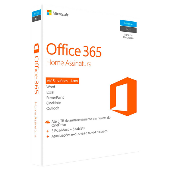 Office 365 Home 5 Dispositivos (5 PCs ou MACs + 5 ANDROIDS ou IOS) - 15 meses - Cartão Chave de Licença